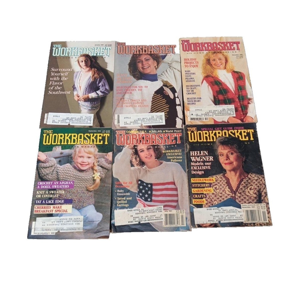 Lot of 6/ 90 & 91 Workbasket Magazines Knit, Crochet, Sewing,Tat, Craft Patterns
